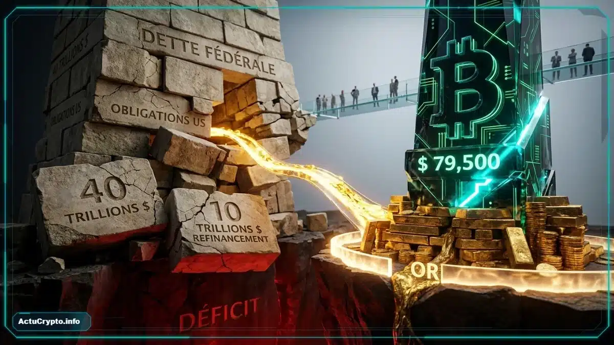 Un coffre-fort doré entrouvert révélant des symboles Bitcoin lumineux.
