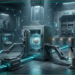 Un coffre-fort numérique lumineux symbolisant la sécurité des actifs sur la blockchain.
