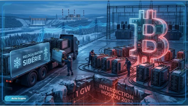 Rangées de serveurs de minage crypto dans un entrepôt industriel en Russie.