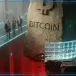 Illustration 3D cinématique du Bitcoin en équilibre sur une passerelle lumineuse au-dessus d'un gouffre rouge, affichant les niveaux de prix 62500, 63000 et 64000 dollars en verre.