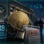 Façade institutionnelle avec des documents financiers dispersés illustrant une fraude réglementaire.