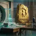 Bâtiment officiel américain avec un symbole crypto numérique.