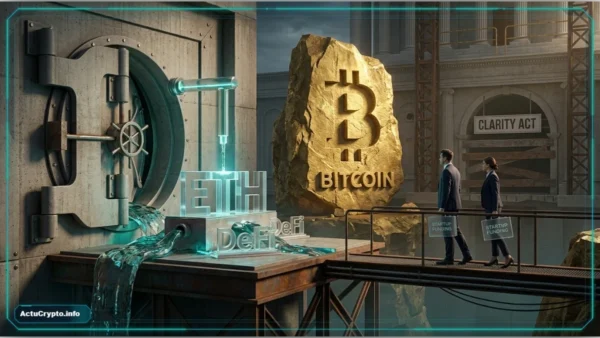 Bâtiment officiel américain avec un symbole crypto numérique.