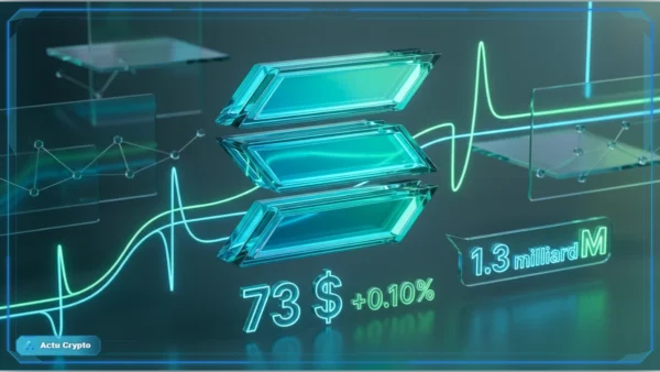 Graphique financier et logo Solana en 3D illustrant l'analyse macroéconomique du marché crypto