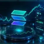 Visuel 3D premium d'analyse technique Solana avec logo holographique, graphique de trading, prix et volume mis en avant