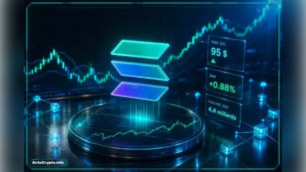 Visuel 3D premium d'analyse technique Solana avec logo holographique, graphique de trading, prix et volume mis en avant
