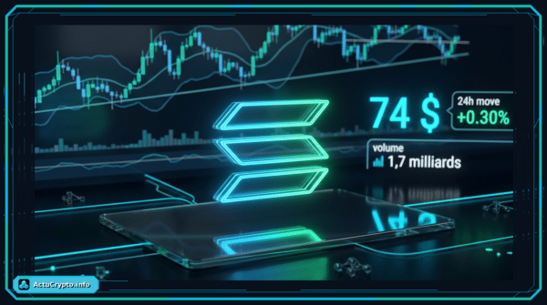 Graphique d'analyse technique du prix de Solana avec indicateurs de marché en 3D