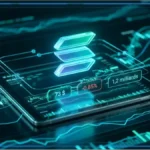 Graphique d'analyse technique montrant le prix de Solana à 73 dollars avec des indicateurs de marché en arrière-plan 3D.