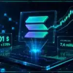 Visuel 3D premium Solana : logo holographique, graphique de trading, prix, volume et RSI mis en avant