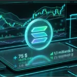Graphique financier et logo holographique en 3D de Solana illustrant l'analyse technique des volumes et de la résistance.