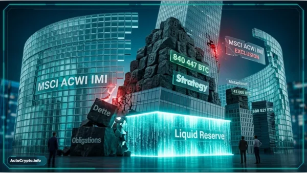 Coffre-fort symbolisant la trésorerie Bitcoin de Strategy face aux indices MSCI.