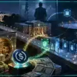 Bâtiment institutionnel représentant la banque crypto World Liberty Financial.