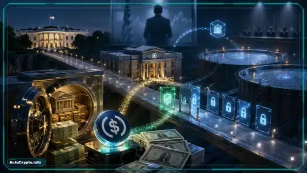 Bâtiment institutionnel représentant la banque crypto World Liberty Financial.