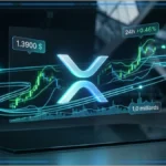 Visuel 3D du logo XRP avec graphique technique et prix 1,390 $