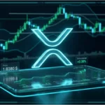 Graphique de trading 3D affichant le logo XRP avec le prix de 1.0380 $ et les niveaux de support technique.