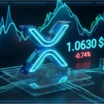 Graphique 3D représentant le jeton XRP sous pression avec le prix de 1,063 dollar et un fond de marché financier.