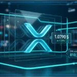 Représentation 3D du logo XRP avec un graphique financier affichant le prix de 1,0790 dollar.