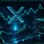 Représentation 3D du jeton XRP avec un graphique financier en arrière-plan illustrant l'analyse de marché.
