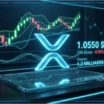 Graphique d'analyse technique du XRP affichant le prix de 1,0550 dollar et les volumes d'échange