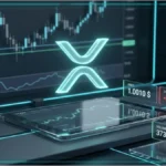 Graphique de trading holographique affichant le prix du jeton XRP à 1,00 $ sur fond bleu cyan.