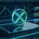 Représentation 3D du jeton XRP avec un graphique de trading et des données de volume en temps réel.