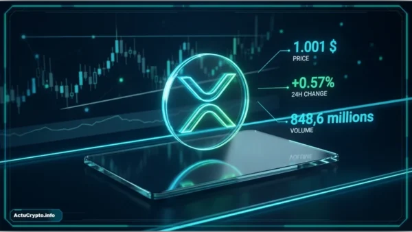 Représentation 3D du jeton XRP avec un graphique de trading et des données de volume en temps réel.