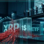 Jeton XRP sur un sol sombre éclairé en bleu
