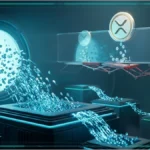 Jeton XRP lumineux sur une plateforme numérique sombre illustrant les retraits.