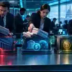Photo réaliste d’investisseurs de Wall Street réduisant fortement leur exposition à des entreprises crypto cotées tandis que Bitcoin recule moins, sur fond d’incertitude réglementaire américaine.