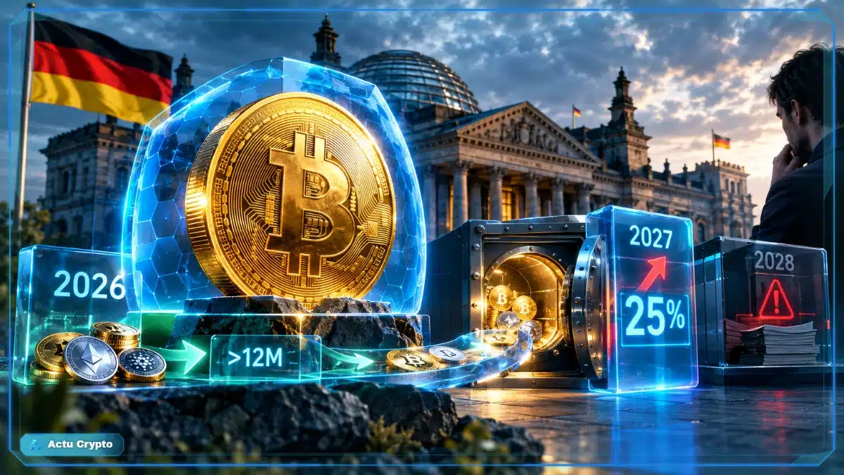 Pièce Bitcoin face à une barrière fiscale symbolisant le projet allemand de taxe crypto