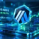 Logo Arbitrum en 3D devant un graphique de marché avec niveaux techniques et signal de volume