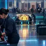 Photo réaliste d’une chambre de compensation où les positions longues Bitcoin sont liquidées en cascade tandis que le marché défend un support critique après le blocage du CLARITY Act.