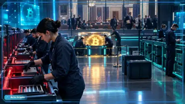 Photo réaliste d’une chambre de compensation où les positions longues Bitcoin sont liquidées en cascade tandis que le marché défend un support critique après le blocage du CLARITY Act.