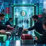 Photo réaliste d’un prime broker crypto où des vendeurs à découvert rachètent leurs positions Bitcoin, alimentant un rebond vers une résistance majeure sans forte hausse du levier acheteur.