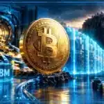 Bitcoin doré face à une barrière lumineuse symbolisant le seuil des 82 000 dollars