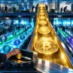 Photo réaliste d’un centre de règlement crypto où Bitcoin domine une forte hausse des volumes tandis que plusieurs altcoins accélèrent et que les positions à effet de levier diminuent.