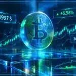 Symbole Bitcoin en 3D devant un graphique haussier avec niveaux de support, résistance et indicateurs de volume
