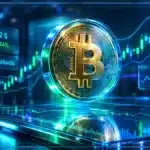 Symbole Bitcoin en 3D au-dessus d’une tablette de trading avec graphique de bougies, niveau de résistance et indicateurs