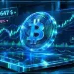 Symbole Bitcoin en 3D devant un graphique de marché affichant 83 647 $, le RSI et des niveaux techniques.