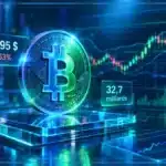 Symbole Bitcoin en 3D au-dessus d’une tablette de trading avec graphique en bougies, niveaux techniques, prix et volume.