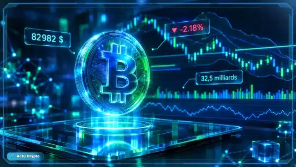 Symbole Bitcoin en 3D devant un graphique de trading avec support, résistance et indicateurs de marché