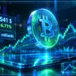 Symbole Bitcoin en 3D devant un graphique de marché avec prix à 86 541 $, hausse de 6,71 % et indicateurs techniques.