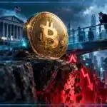 Pièce Bitcoin chutant vers une faille, symbole de la baisse sous 84 000 dollars