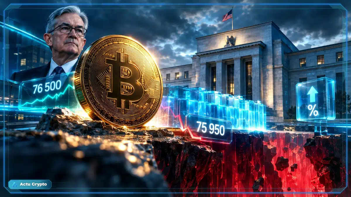 Bitcoin devant un bâtiment de banque centrale après un rebond vers 76 500 $