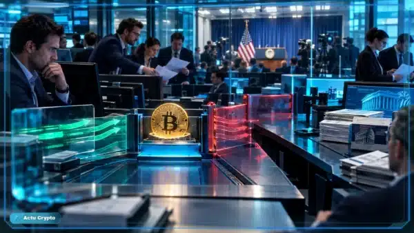 Photo réaliste d’investisseurs réévaluant leur exposition au Bitcoin après la Fed, avec un premier rebond rapidement effacé face à des projections de taux plus restrictives.