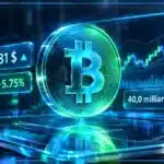 Symbole Bitcoin en 3D devant un graphique de marché montrant une hausse et une résistance technique proche.