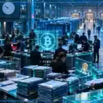Photo réaliste d’une chambre de compensation où une importante échéance d’options Bitcoin provoque des ajustements de couverture autour d’un strike proche de 85 000 dollars.
