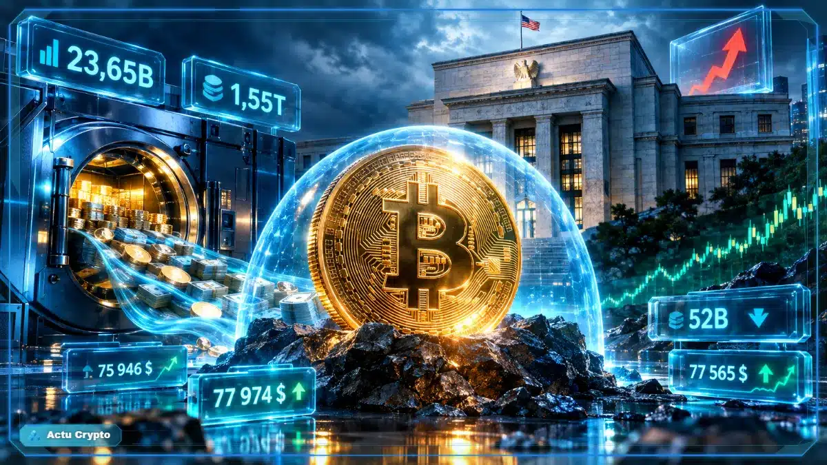 Bitcoin lumineux devant un bâtiment monétaire, symbole du rebond vers 78 000 $