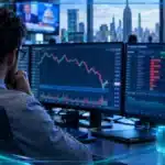 Bitcoin doré défendant un support lumineux dans une scène financière sombre