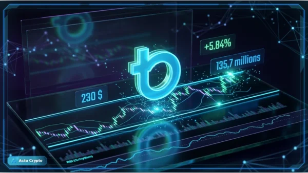 Symbole Bittensor TAO en 3D devant un graphique de marché montrant une hausse vers une résistance